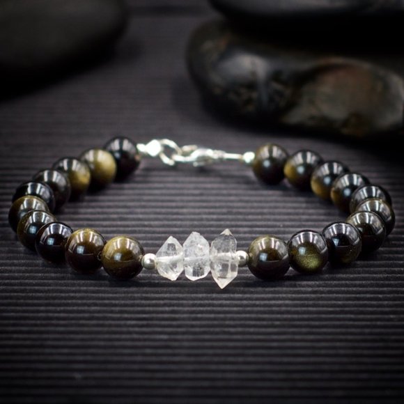 Gold Sheen Obsidian and Herkimer Diamond Bracelet - Handmade to Order - Picture 1 of 2